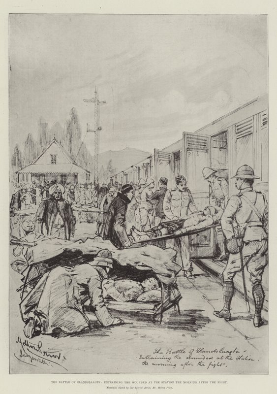 La batalla de Elandslaagte, embarcando a los heridos en la estación la mañana después de la pelea de Melton Prior
