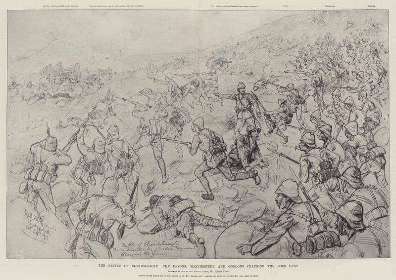 La Batalla de Elandslaagte, los Devons, Manchesters y Gordons cargando contra los cañones bóer de Melton Prior