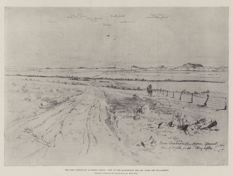 La emboscada bóer en Koorn Spruit, vista del campo de batalla el día después del enfrentamiento de Melton Prior