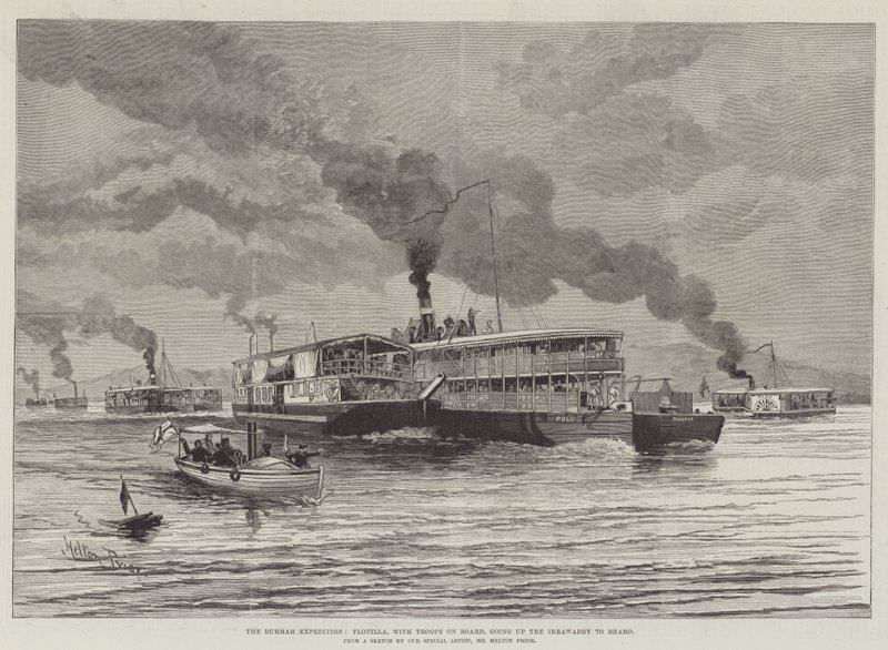 La expedición de Birmania, flotilla, con tropas a bordo, subiendo el Irrawaddy hacia Bhamo de Melton Prior
