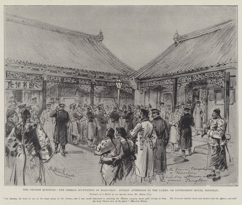 La cuestión china, la ocupación alemana de Kiao-Chau, domingo por la tarde en el Yamen, o Casa de Gobierno, Tsingtan de Melton Prior