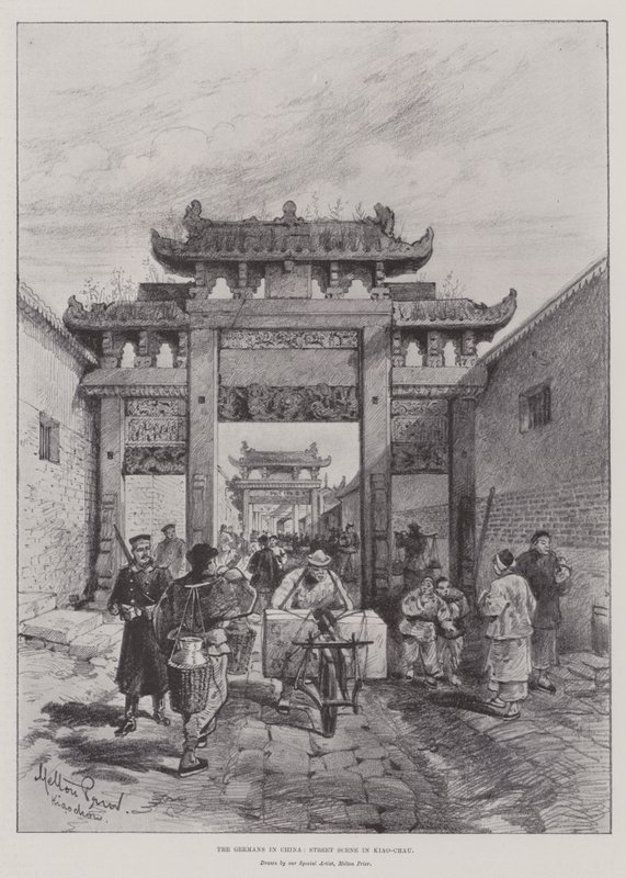 Los alemanes en China, escena callejera en Kiao-Chau de Melton Prior