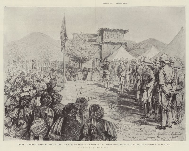 El levantamiento en la frontera india, Sir Richard Udny anunciando los términos del gobierno a los jefes Orakzai reunidos en el campamento de Sir William Lockhart en Maidan de Melton Prior