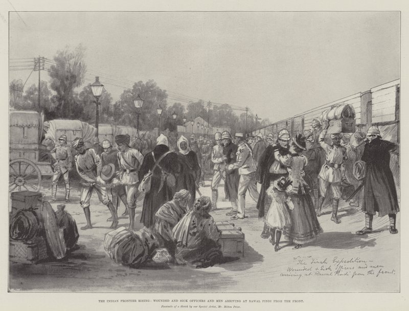 El Levantamiento de la Frontera India, Oficiales y Hombres Heridos y Enfermos llegando a Rawal Pindi desde el Frente de Melton Prior