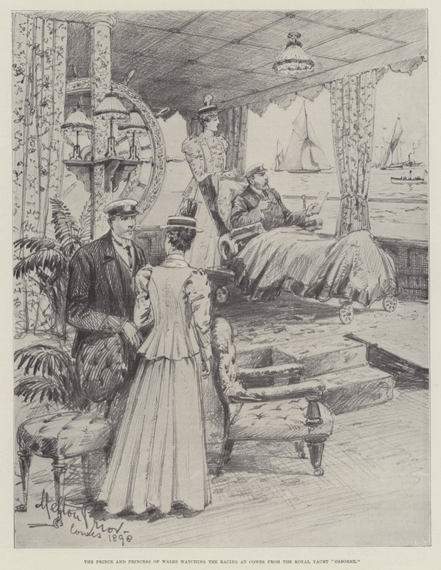El príncipe y la princesa de Gales viendo las carreras en Cowes desde el yate real Osborne de Melton Prior