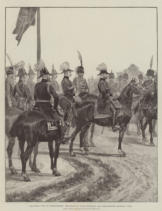 La visita real a Warwickshire, el Príncipe de Gales revisando el Cuerpo de Yeomanry de Warwickshire de Melton Prior