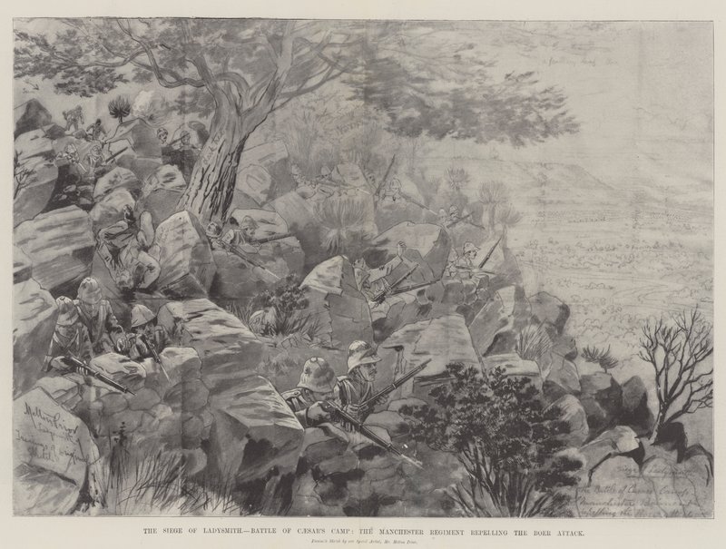 El asedio de Ladysmith, batalla del campamento de César, el regimiento de Manchester repeliendo el ataque bóer de Melton Prior