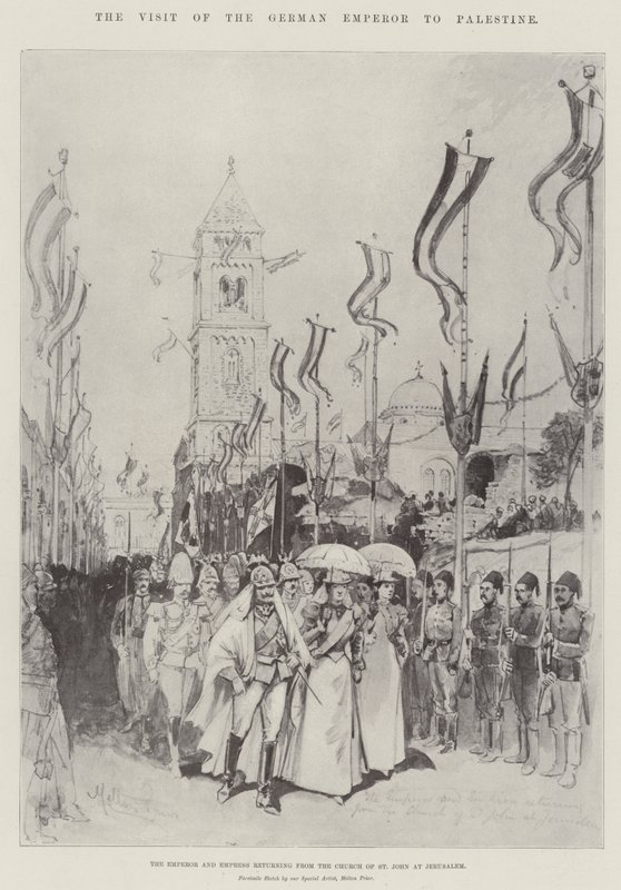 La Visita del Emperador Alemán a Palestina, el Emperador y la Emperatriz regresando de la Iglesia de San Juan en Jerusalén de Melton Prior