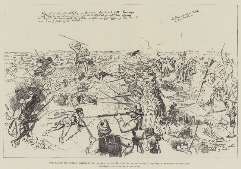 La guerra en Sudán, batalla de El Teb, 29 de febrero, el 42º (Royal Highlanders) tomando la posición fuerte del enemigo de Melton Prior
