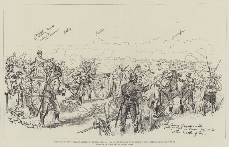 La Guerra en Sudán, Batalla de El Teb, 29 de febrero, la Brigada Naval con Gatling y Gardner Guns en acción de Melton Prior