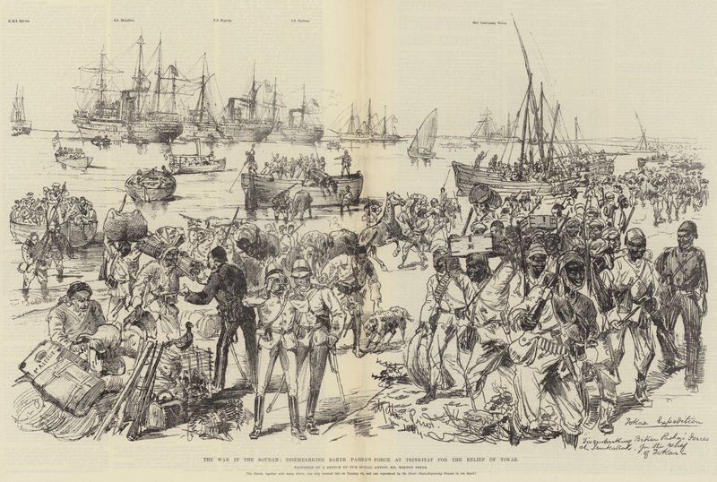 La guerra en Sudán, desembarcando la fuerza de Baker Pasha en Trinkitat para el alivio de Tokar de Melton Prior