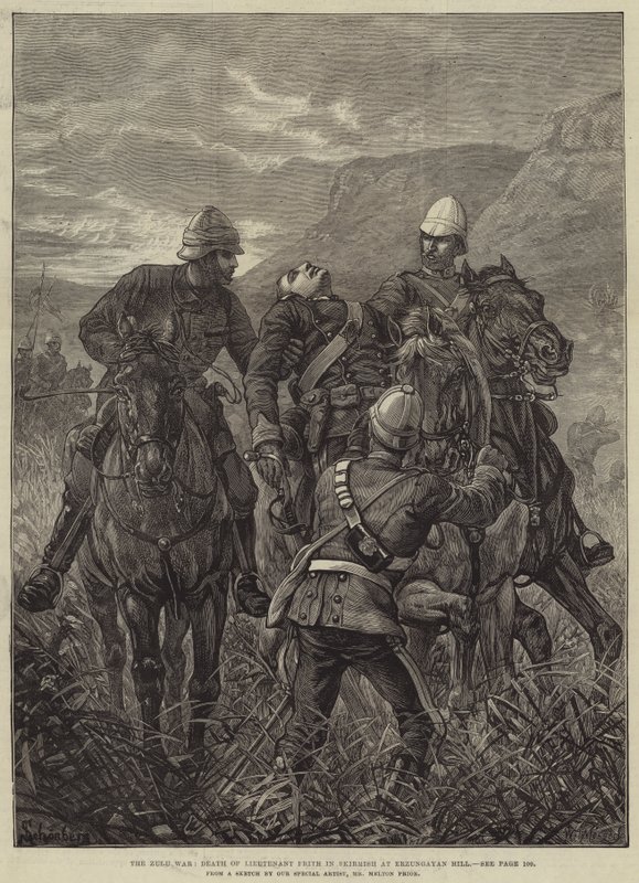 La guerra zulú, muerte del teniente Frith en escaramuza en la colina Erzungayan de Melton Prior