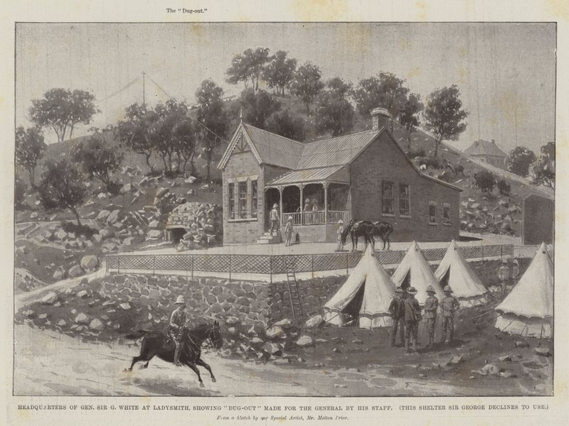 Cuartel general del General Sir G White en Ladysmith, mostrando el refugio hecho para el General por su personal de Melton Prior