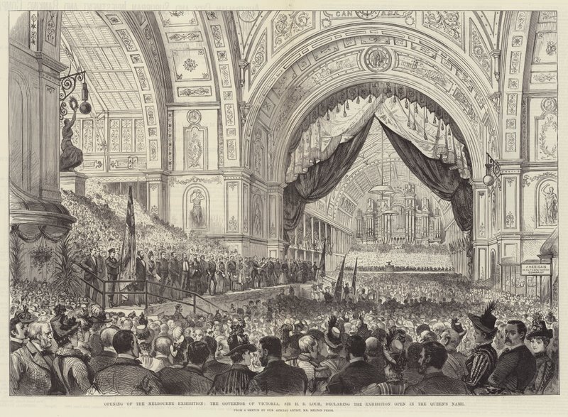 Apertura de la Exposición de Melbourne, el Gobernador de Victoria, Sir H B Loch, declarando la Exposición abierta en nombre de la Reina de Melton Prior