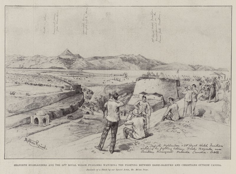 Highlanders de Seaforth y los 23º Fusileros Reales Galeses observando la lucha entre Bashi-Bazouks y cristianos fuera de Candia de Melton Prior