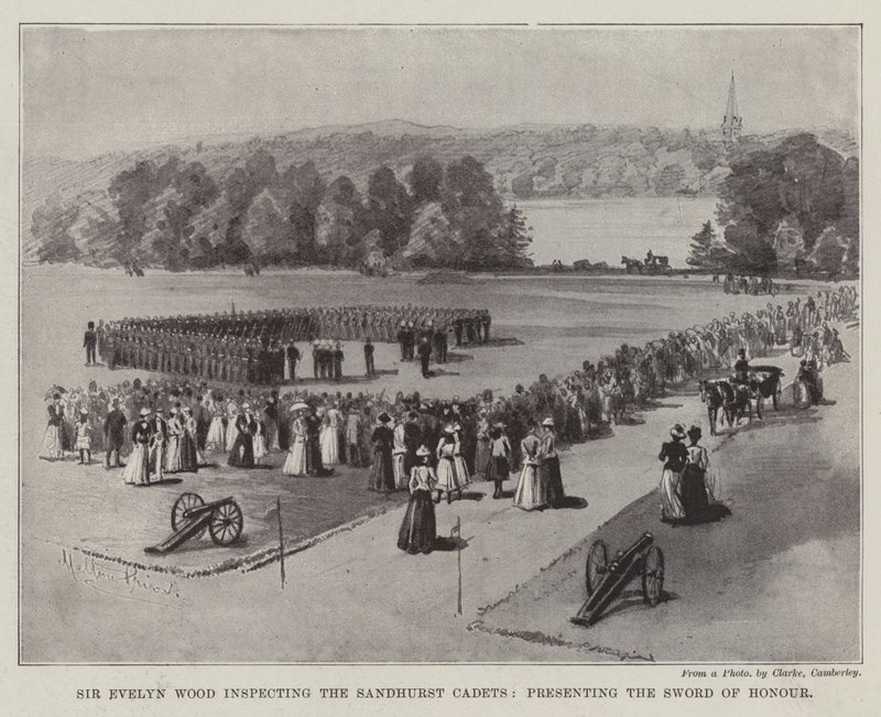 Sir Evelyn Wood inspeccionando a los cadetes de Sandhurst, presentando la Espada de Honor de Melton Prior