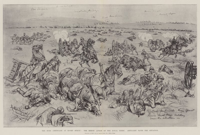 La emboscada bóer en Koorn Spruit, la acción heroica de la Artillería Real a Caballo salva la situación de Melton Prior