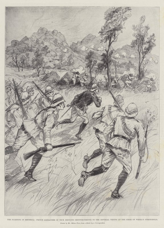 La lucha en Rodesia, el Príncipe Alejandro de Teck trayendo refuerzos a las tropas imperiales en el asedio del bastión de Wedza de Melton Prior
