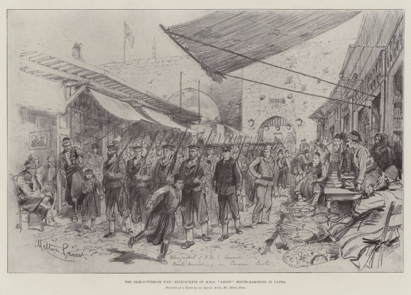 La guerra greco-turca, marineros del HMS Anson marchando en Canea de Melton Prior
