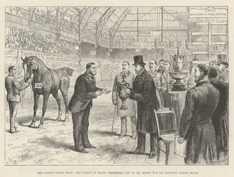 El espectáculo ecuestre de Londres, el Príncipe de Gales presentando la copa al Sr. Moore por su caballo Hackney Rufus de Melton Prior