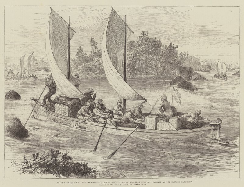 La Expedición del Nilo, el 1er Batallón del Regimiento de South Staffordshire avanzando en el Catarata de Hannek de Melton Prior