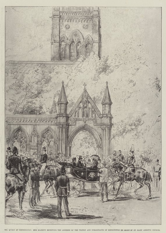 La Reina en Kensington, Su Majestad recibiendo la Dirección del Consejo y Habitantes de Kensington frente a la Iglesia de St Mary Abbotts de Melton Prior