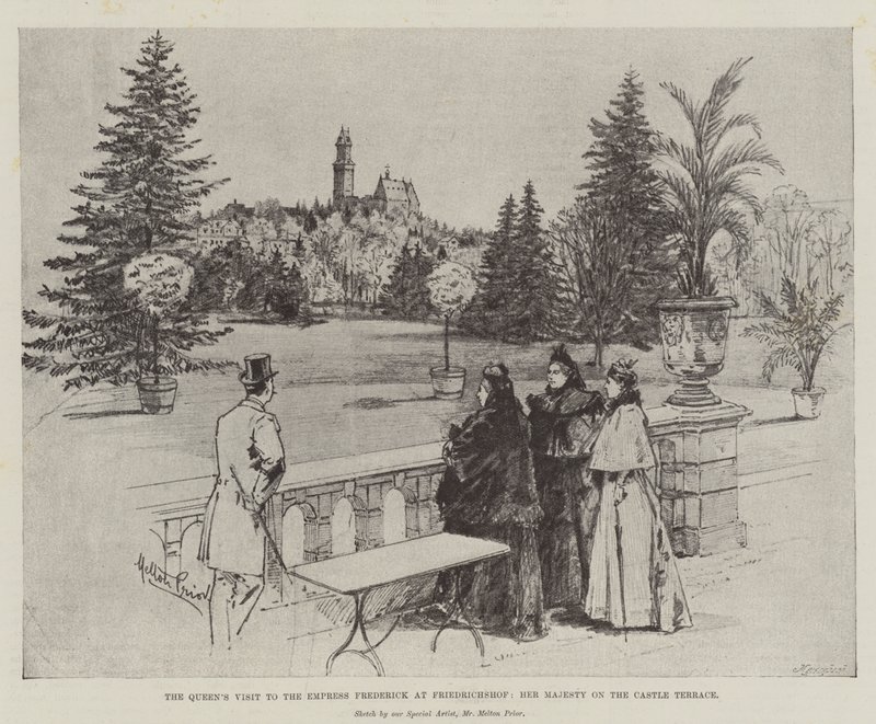 La visita de la Reina a la Emperatriz Frederick en Friedrichshof, Su Majestad en la terraza del castillo de Melton Prior