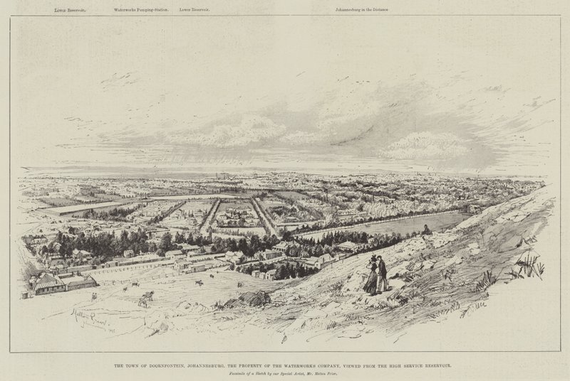 La ciudad de Doornfontein, Johannesburgo, propiedad de la compañía de agua, vista desde el depósito de servicio alto de Melton Prior