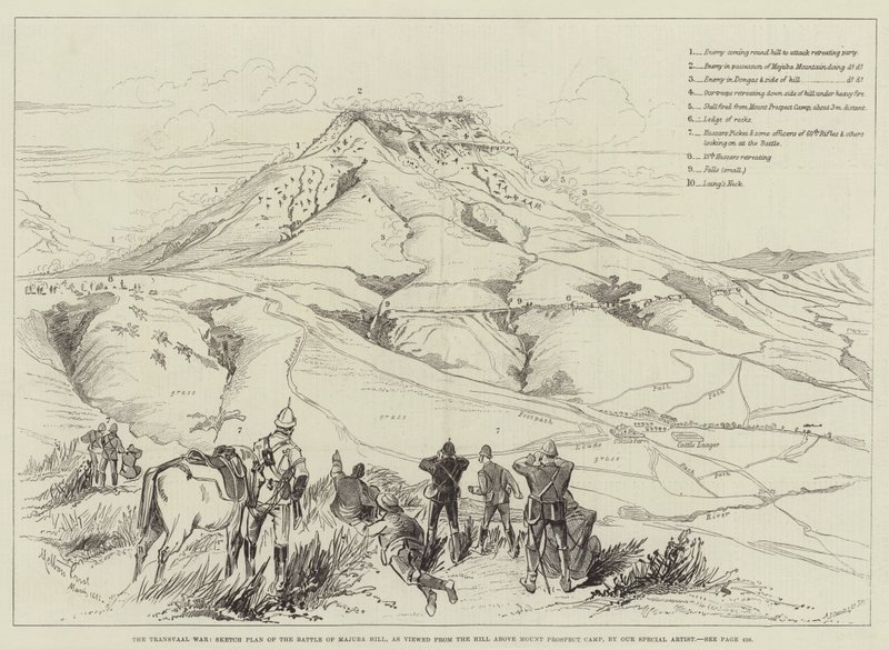 La guerra de Transvaal, plano esquemático de la batalla de Majuba Hill, visto desde la colina sobre el campamento de Mount Prospect de Melton Prior