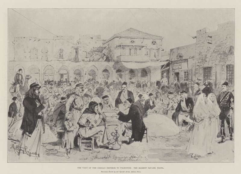 La Visita del Emperador Alemán a Palestina, la Plaza del Mercado, Haifa de Melton Prior