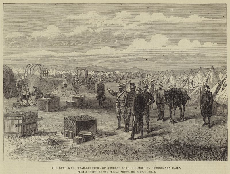 La guerra zulú, cuartel general del general Lord Chelmsford, campamento de Erzungayan de Melton Prior