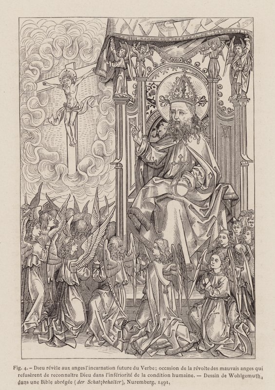 Dios revelando a los ángeles la futura encarnación del Verbo (grabado) de Michael (after) Wolgemut or Wolgemuth
