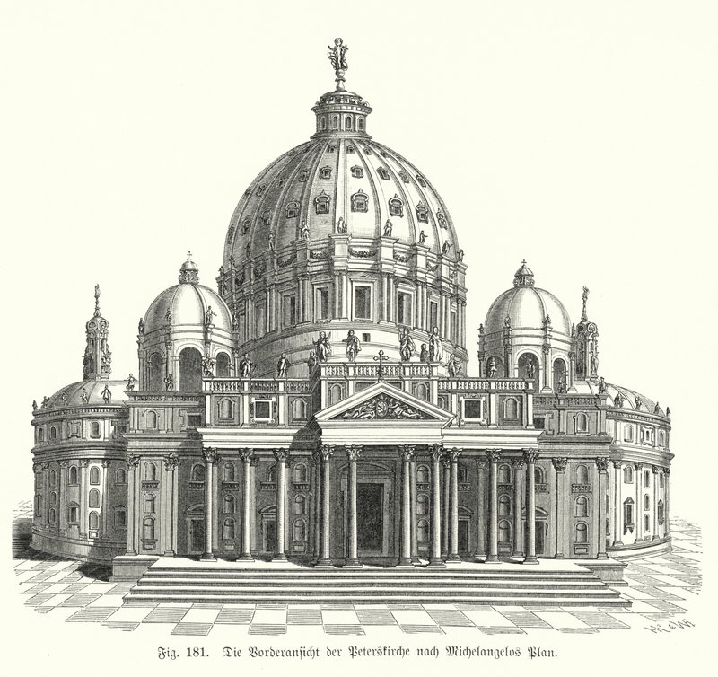 Vista del diseño de Miguel Ángel para la fachada de la Basílica de San Pedro, Roma, Italia de Michelangelo (after) Buonarroti