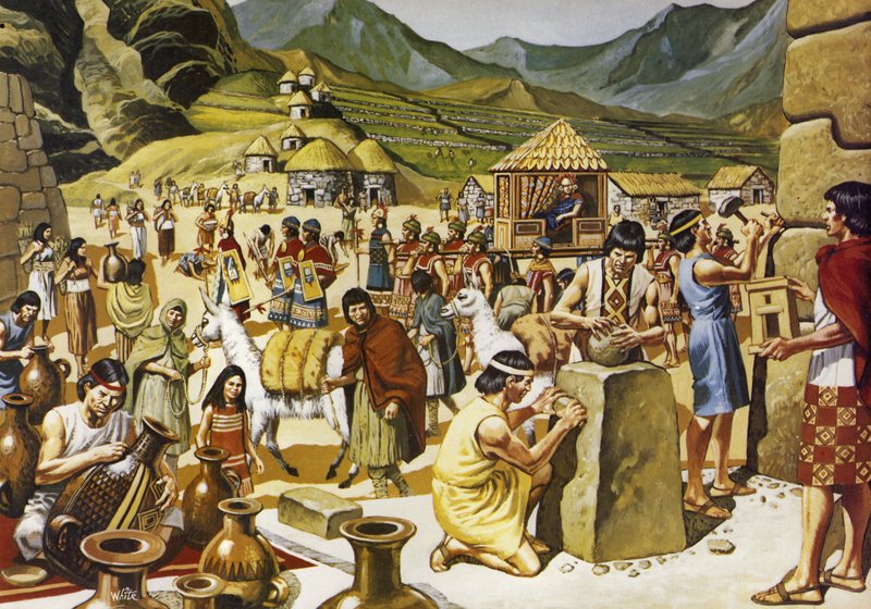 La vida cotidiana en una comunidad inca (litografía en color) de Mike (20th century) White