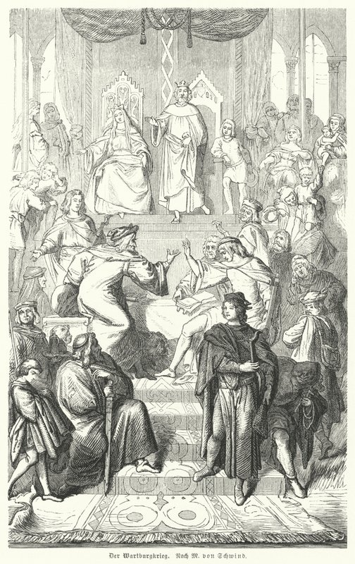 El Sangerkrieg, un concurso entre juglares en el castillo de Wartburg en Turingia en 1207 (grabado) de Moritz Ludwig von (after) Schwind