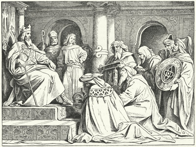 Los enviados del califa Harun al-Rashid trayendo regalos al emperador Carlomagno, 802 (grabado) de Moritz Ludwig von Schwind