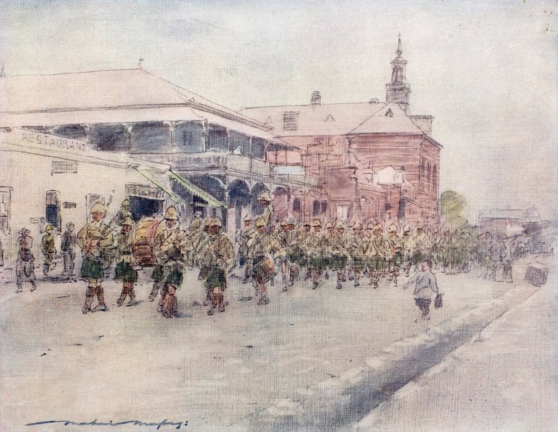 Montañeses marchando por Bloemfontein de Mortimer Ludington Menpes