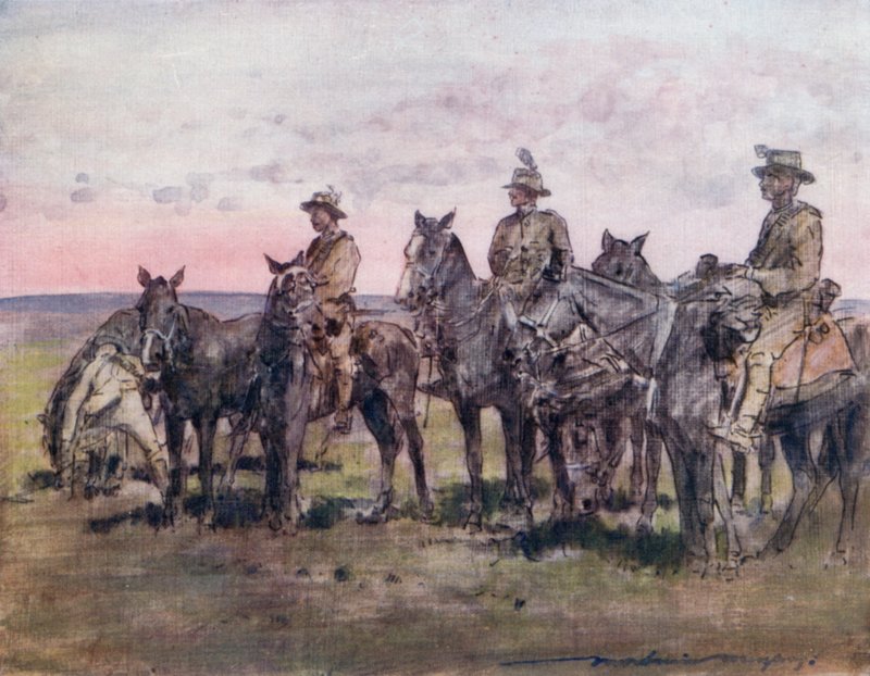 Rifles montados de Nueva Zelanda actuando como exploradores de Mortimer Ludington Menpes
