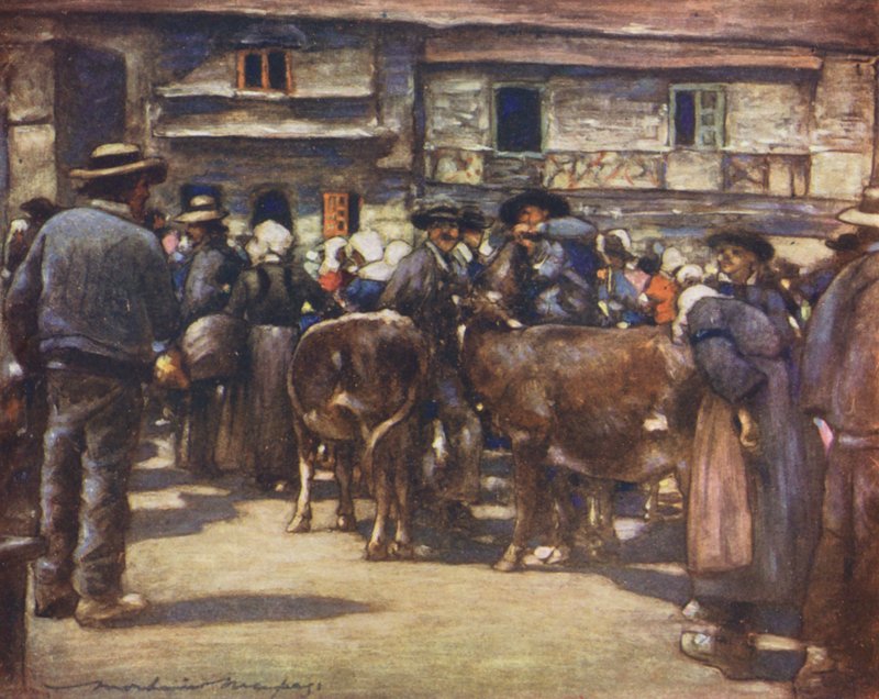 Un mercado de ganado (litografía en color) de Mortimer Ludington Menpes