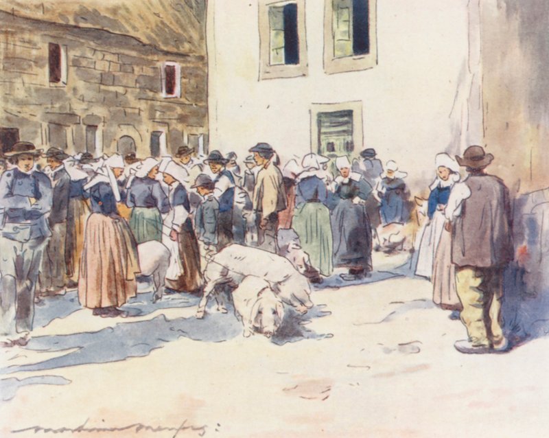 Un mercado de cerdos (litografía en color) de Mortimer Ludington Menpes