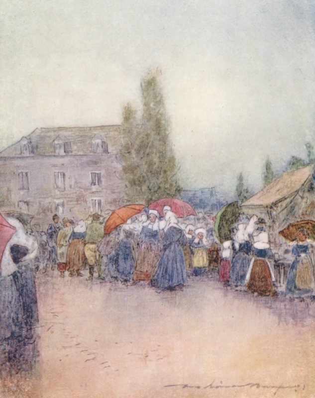 Un día de lluvia en la feria (litografía en color) de Mortimer Ludington Menpes
