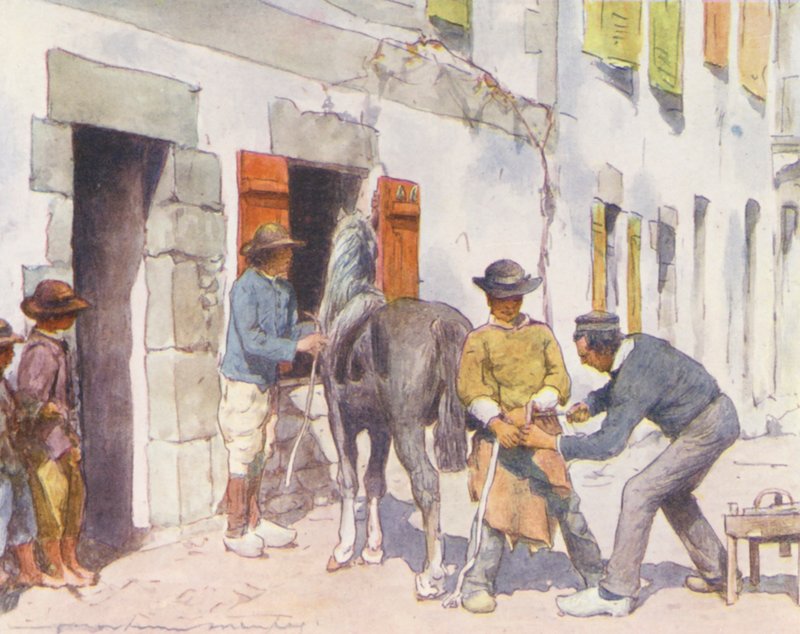 Exterior de la herrería, Pont-Aven (litografía en color) de Mortimer Ludington Menpes