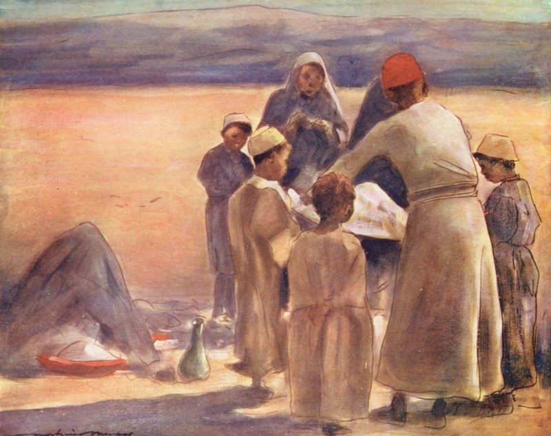 Los niños del mundo: Lección de geografía (litografía en color) de Mortimer Ludington Menpes