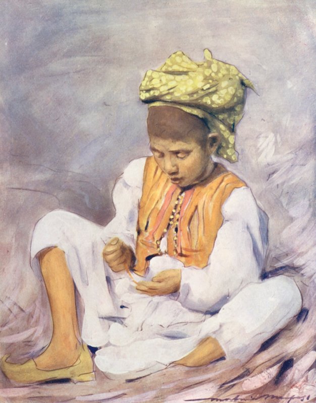 Niños del mundo: India, Enhebrar cuentas (litografía en color) de Mortimer Ludington Menpes