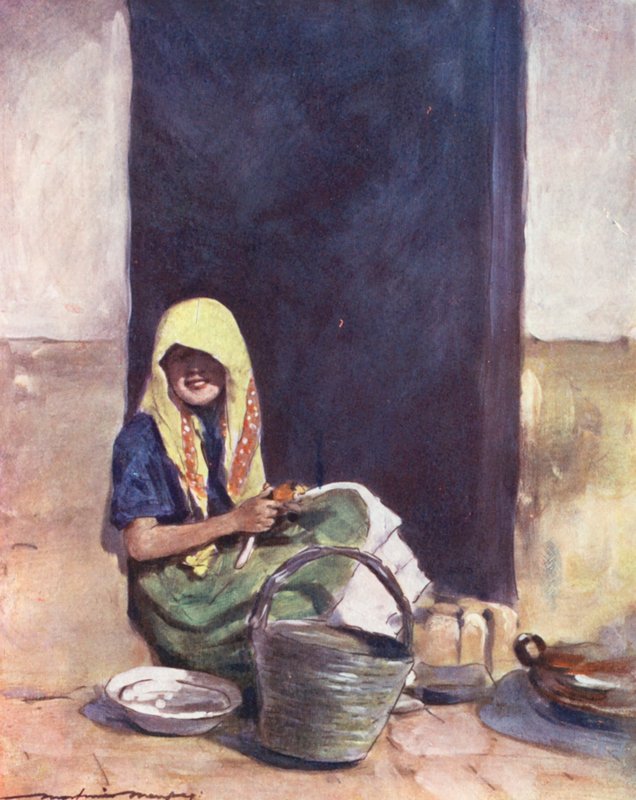 Niños del mundo: Spanish, Helping Mother (litografía en color) de Mortimer Ludington Menpes