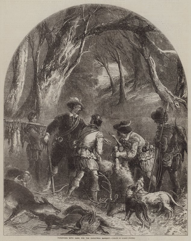 Guardabosques con caza para el banquete de Navidad de Myles Birket Foster