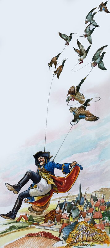Barón Munchausen llevado por patos (gouache sobre papel) de Nadir Quinto