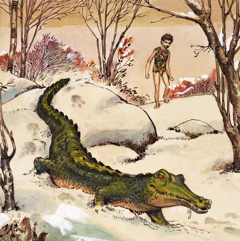 Peter sigue al cocodrilo, ilustración de "Peter Pan" de J.M. Barrie (gouache sobre papel) de Nadir Quinto