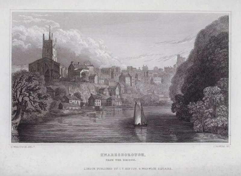 Knaresborough, desde el puente (grabado) de Nathaniel (after) Whittock