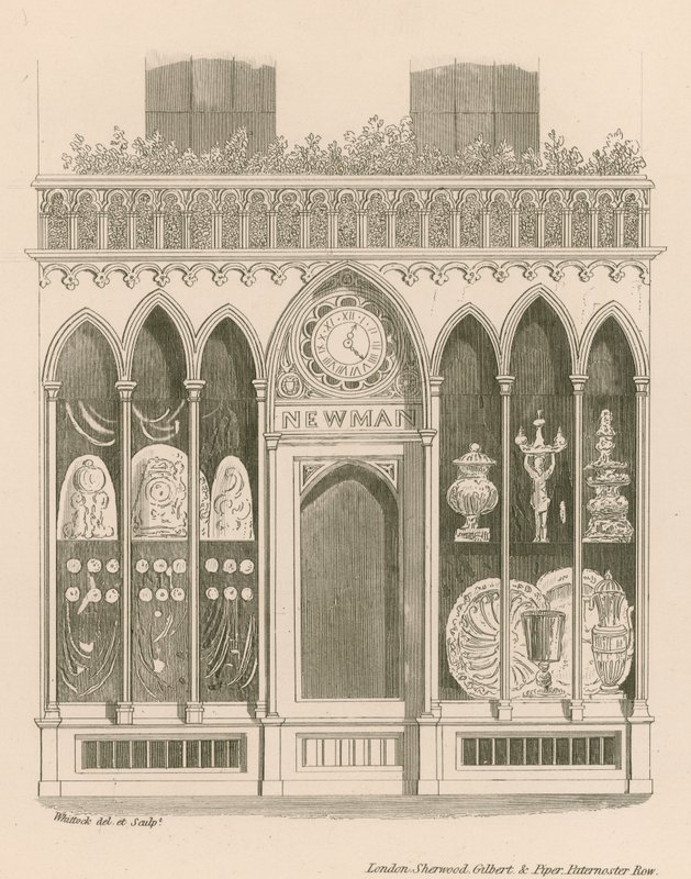 Diseño de fachada de tienda en el estilo inglés temprano de Nathaniel Whittock